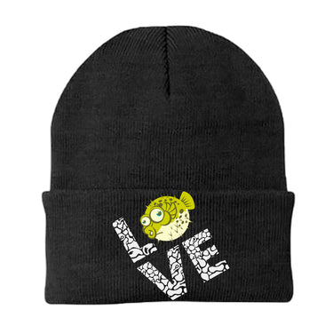 Love Fishing Green Blowfish Globe Embroidered Beanie